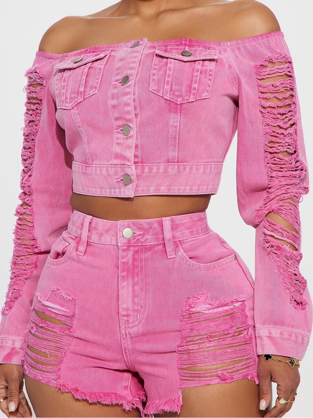 Off-Shoulder Pink Distressed denim Jacket